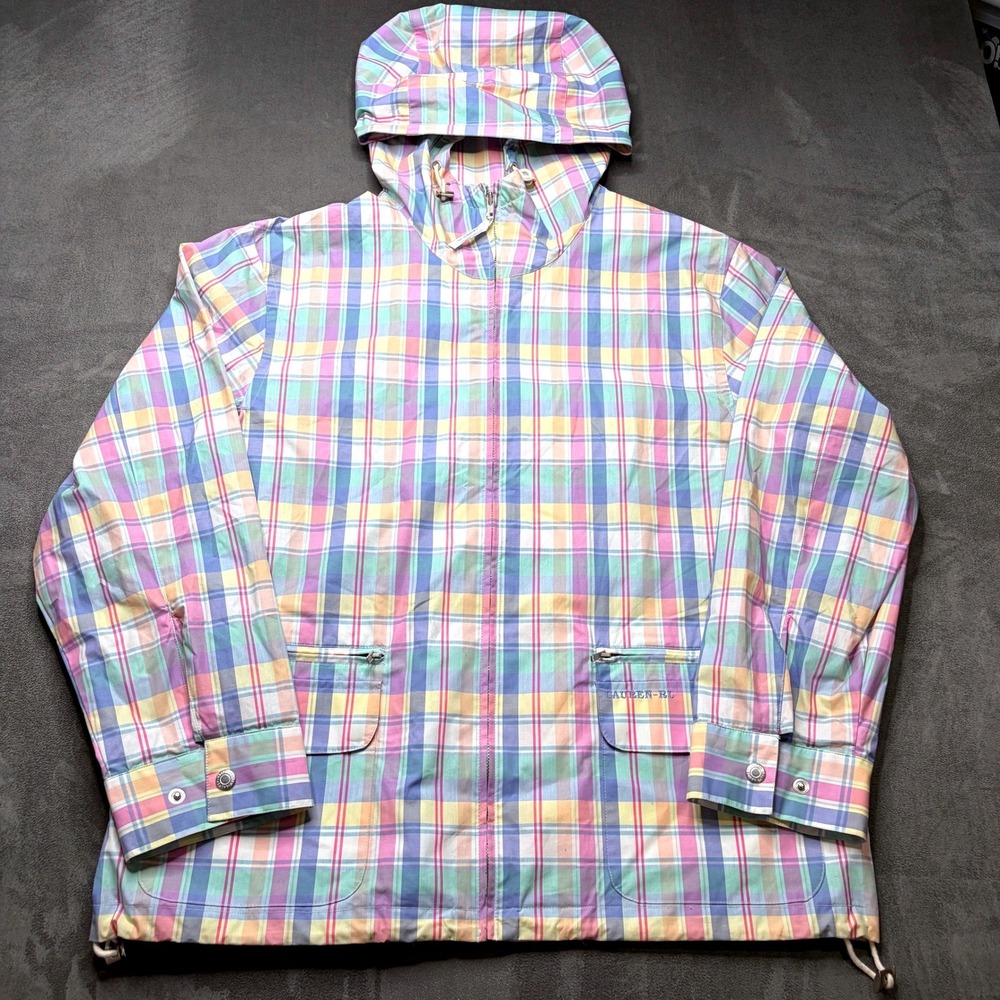 Lauren Ralph Lauren Jacket Womens L Pastel Plaid Zip Hooded Windbreaker Cotton